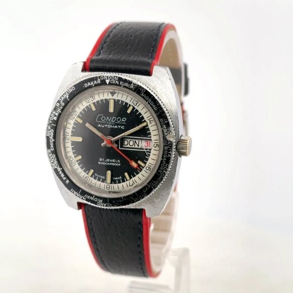 Vintage Condor 125 World Time 21J Men Automatic Wristwatch RondaMatic SwissSteel - Picture 2 of 12